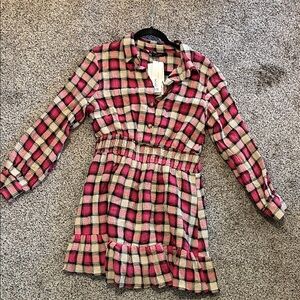 Zara Pink and Cream Plaid Smocked-Waist Shirt Dress